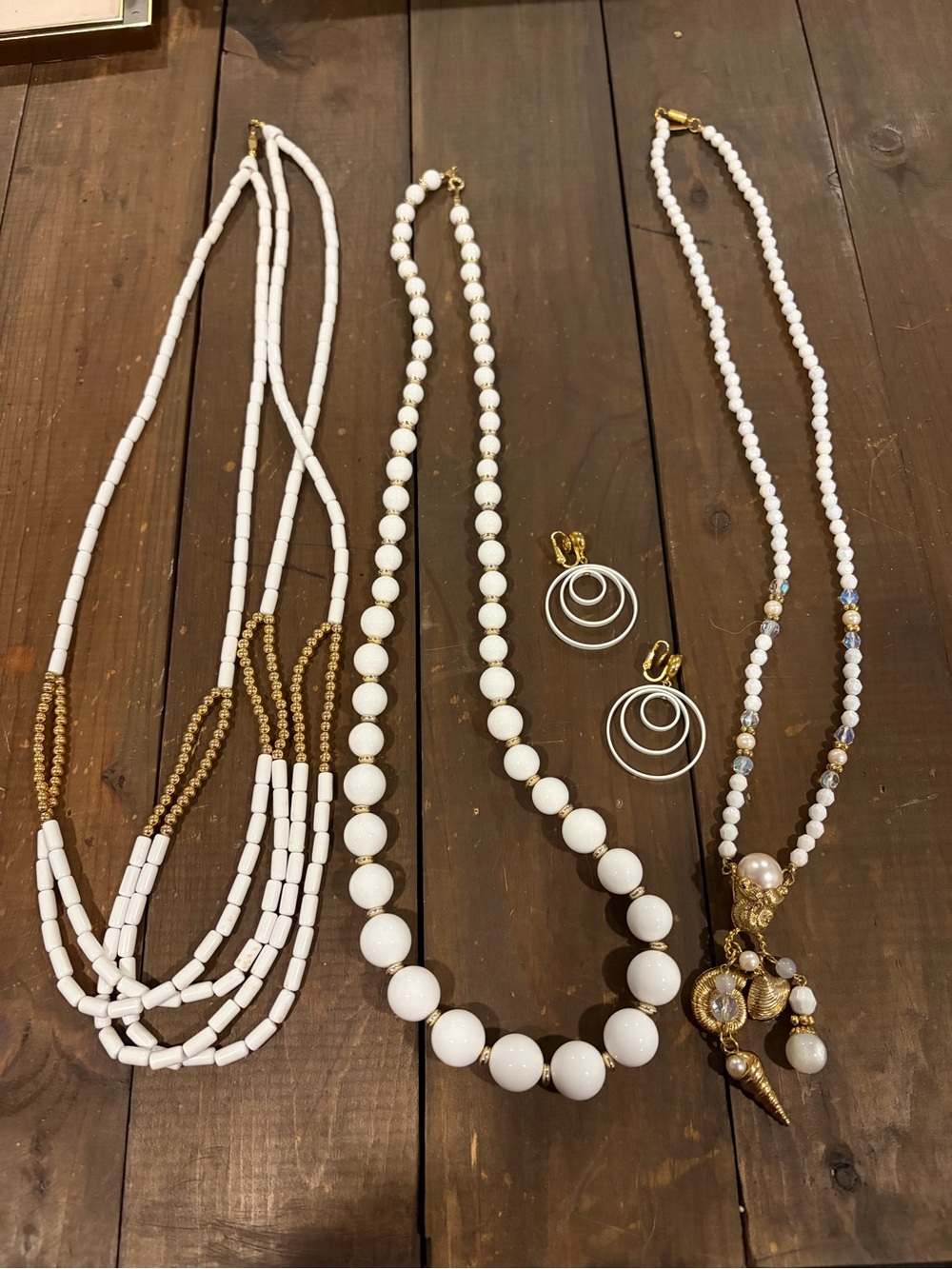 Vintage White Bead Necklaces Clip On Earrings Coastal Glam Bridal Retro Jewelry